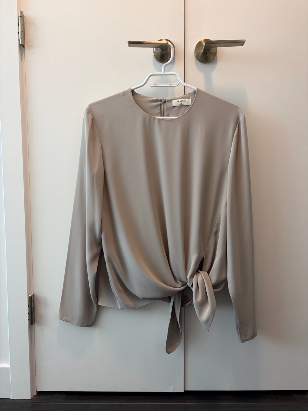 Aritzia Taupe Satin Tie-Waist Long Sleeve Blouse